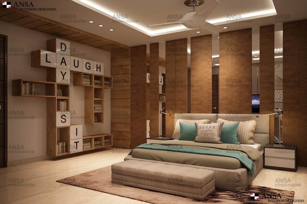 bedroom design with unique bookshelf