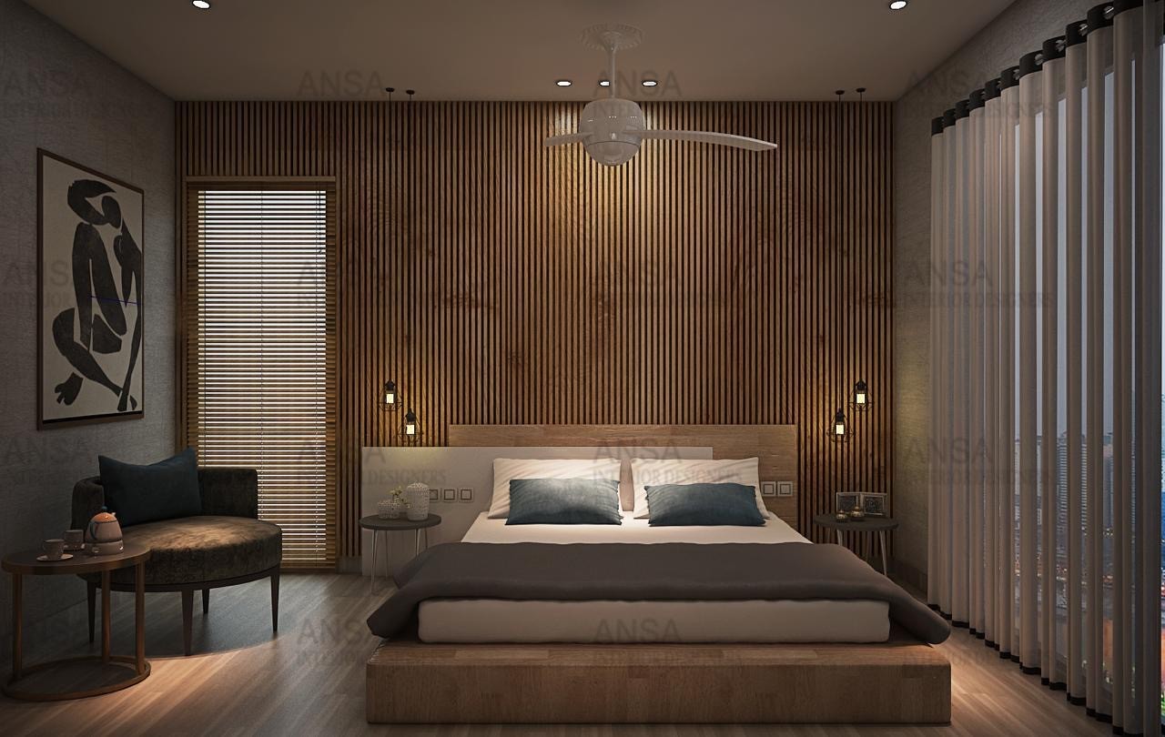 bedroom design with wooden panelling on wall