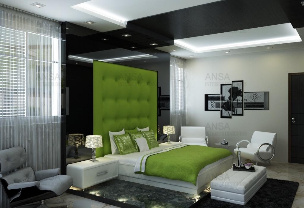 bedroom with green and white interiors