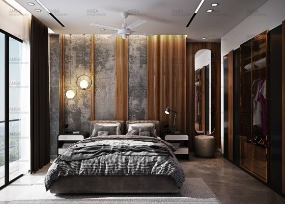 modern bedroom design with wooden panels on wall