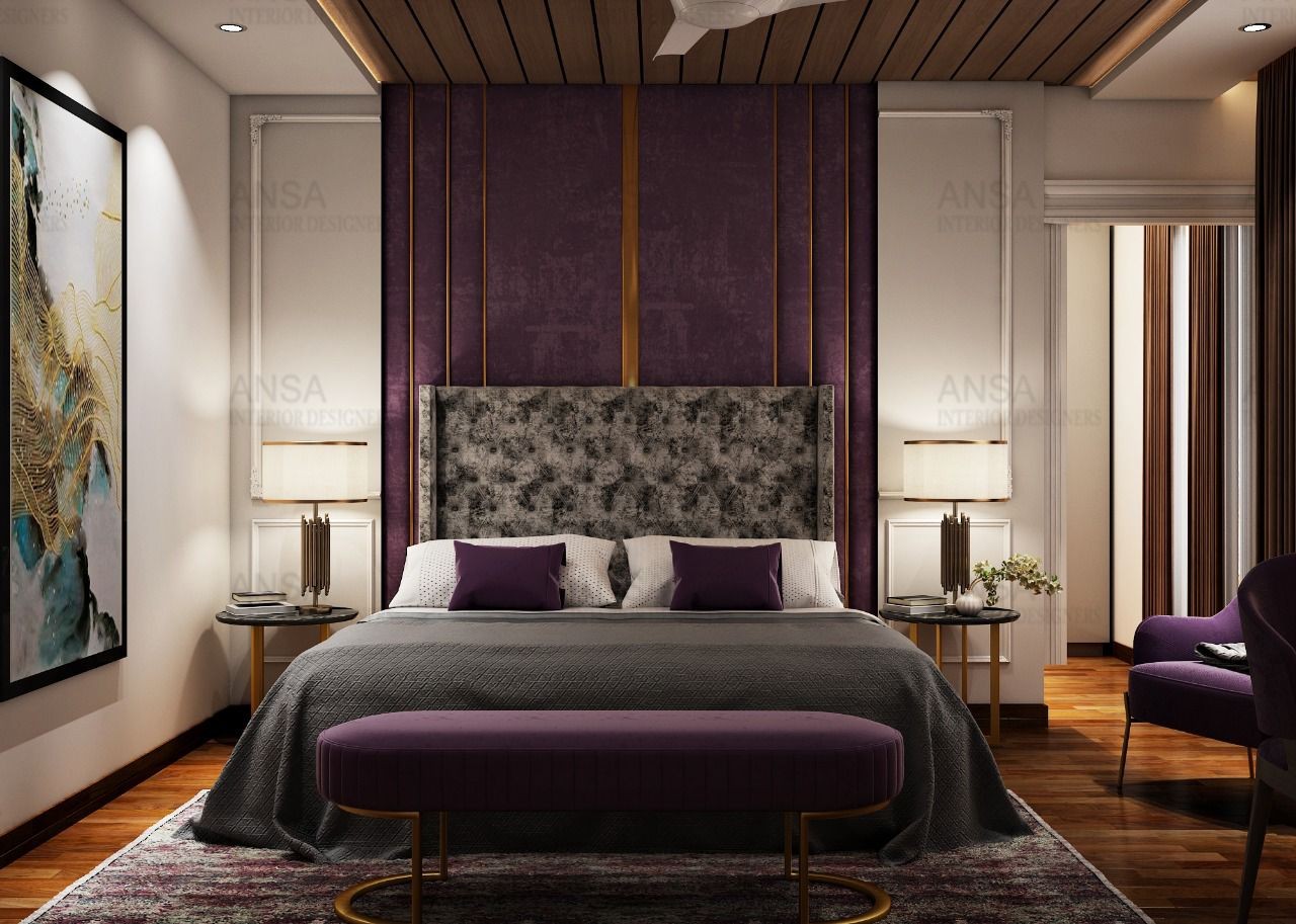 bedroom with purple and gold accent